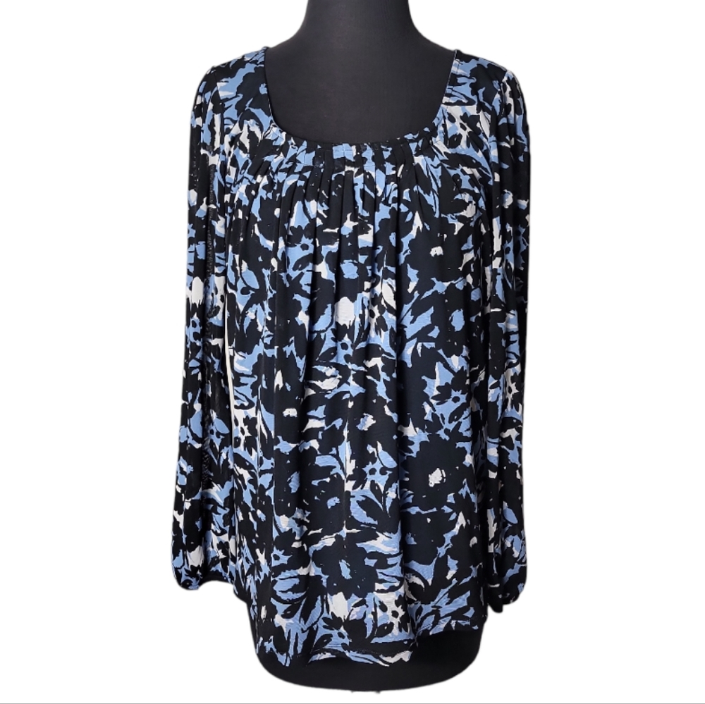 Liz Claiborne floral pleated scoop neck blouse blue black white women’s medium